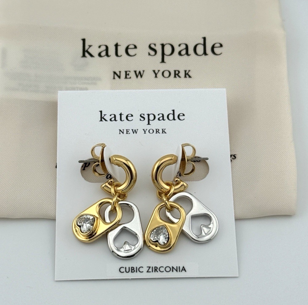 Kate Spade Heart Ace Charm Huggie Drop Earrings Two Tone Gold/Silver Tone CZ NEW